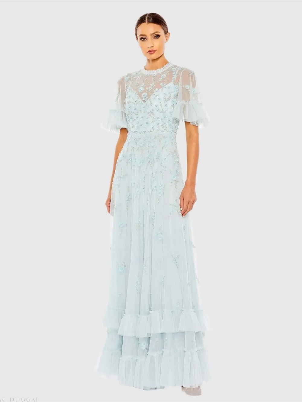 Mac Duggal Floral Embellished Flutter Sleeve Gown